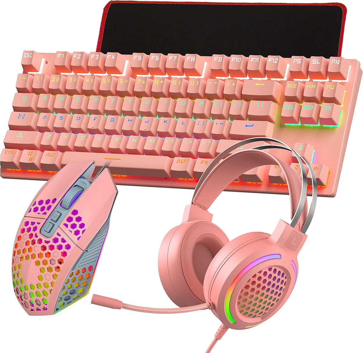 Gaming Mechanical Keyboard and Mouse Headset Mousepad Combo, 4 in 1, RGB Backlit Green axis, Wired, 8000 DPI, USB 7.1 Surround Sound Headphone with Mic, Black, Pack of 2 U9581