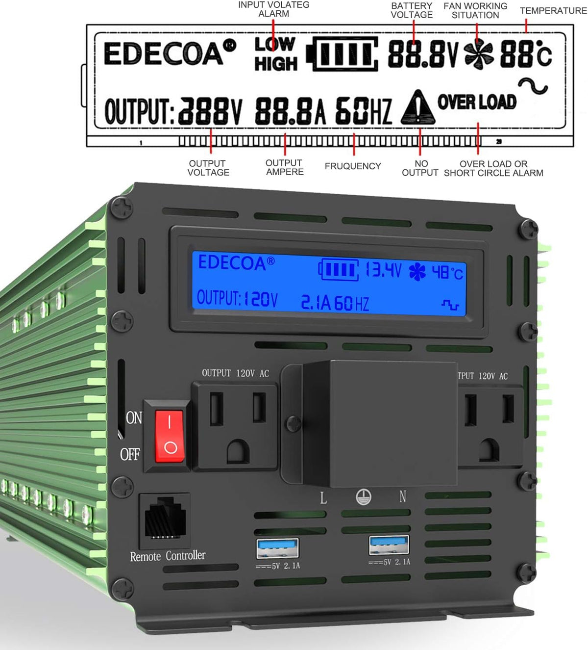 3000 Watt Power Inverter DC 12V to AC 110V 120V with LCD and Dual USB S321