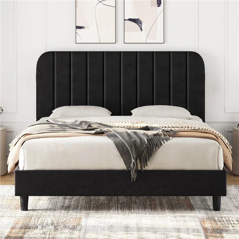 Black Queen Upholstered Platform Bed with Headboard D99854
