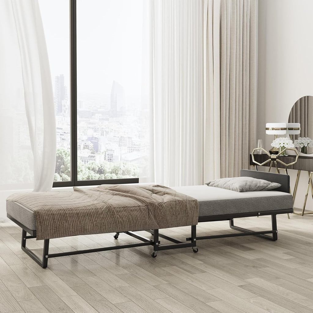 Folding Bed with 4-Inch Mattress, Metal Cot Size Rollaway Bed on Wheels V974384