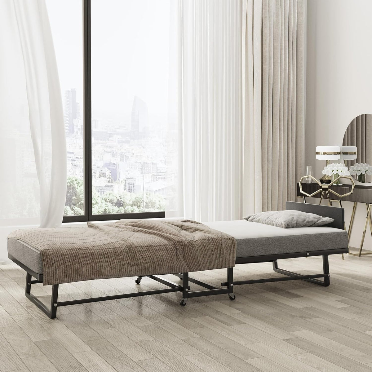 Folding Bed with 4-Inch Mattress, Metal Cot Size Rollaway Bed on Wheels V974384