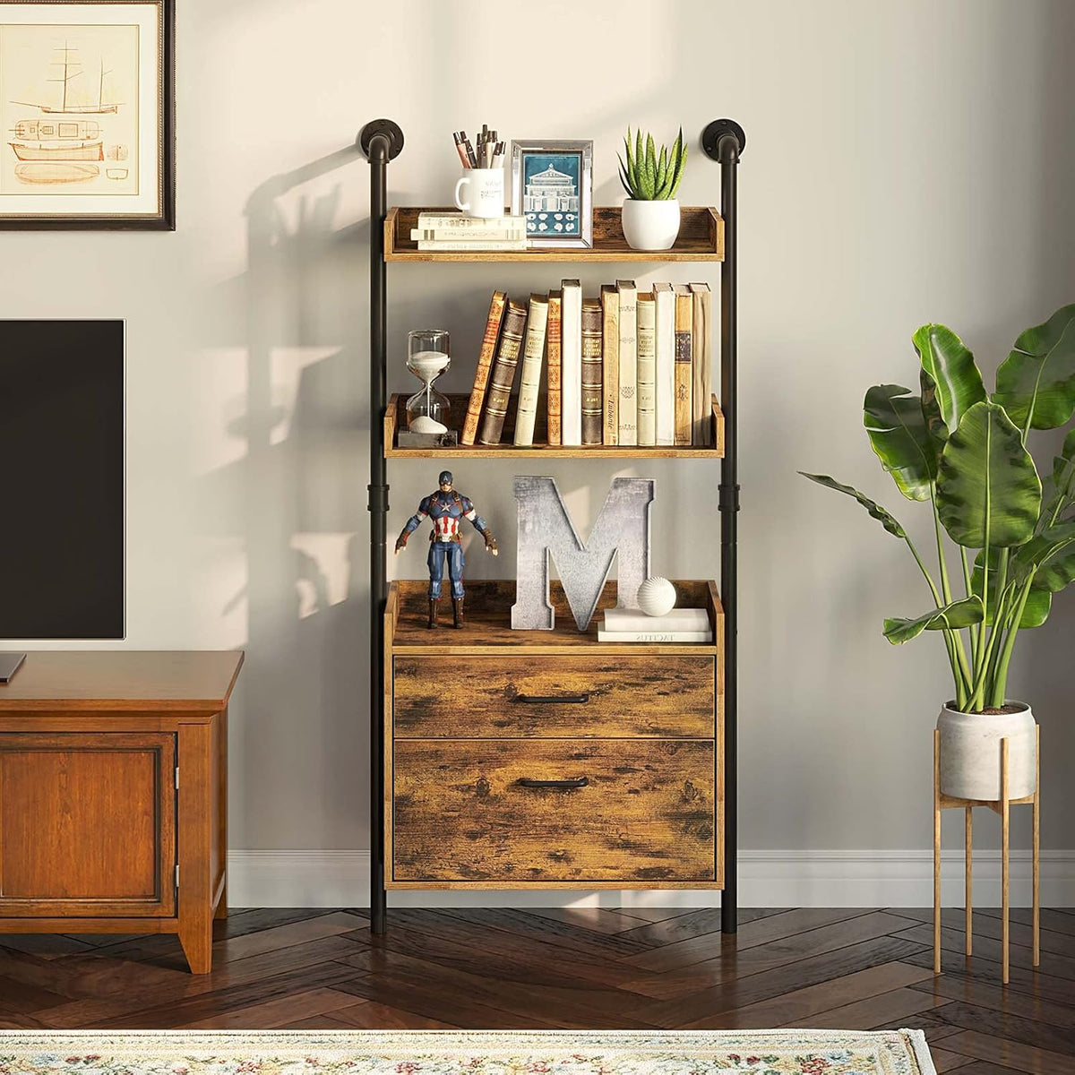Industrial Bookshelf with 2 Wood Drawers, 4-Tier, Rustic Brown P198