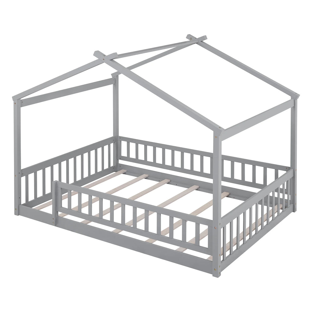 Full Size Wood Floor Bed Frame with Fence Guardrails and House Roof W677438