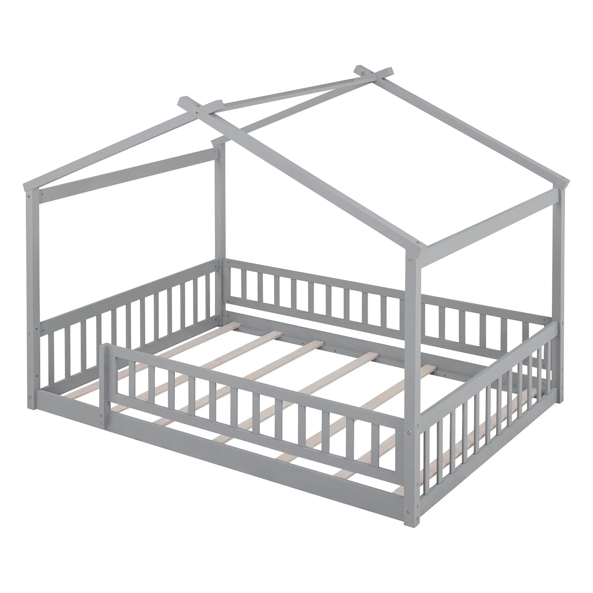 Full Size Wood Floor Bed Frame with Fence Guardrails and House Roof W677438