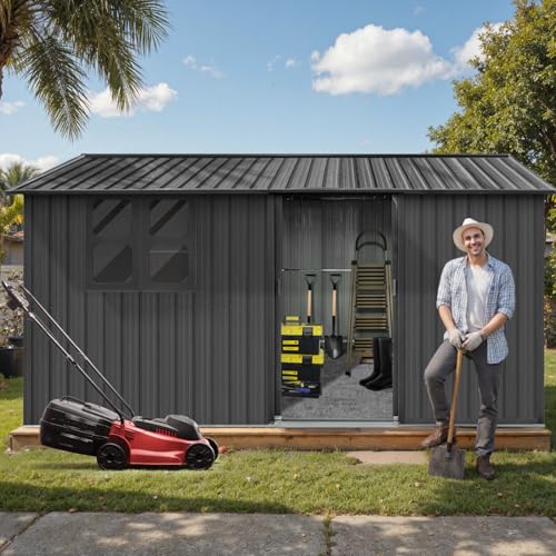 Grey Metal Outdoor Storage Shed with Windows and Lockable Doors L691825