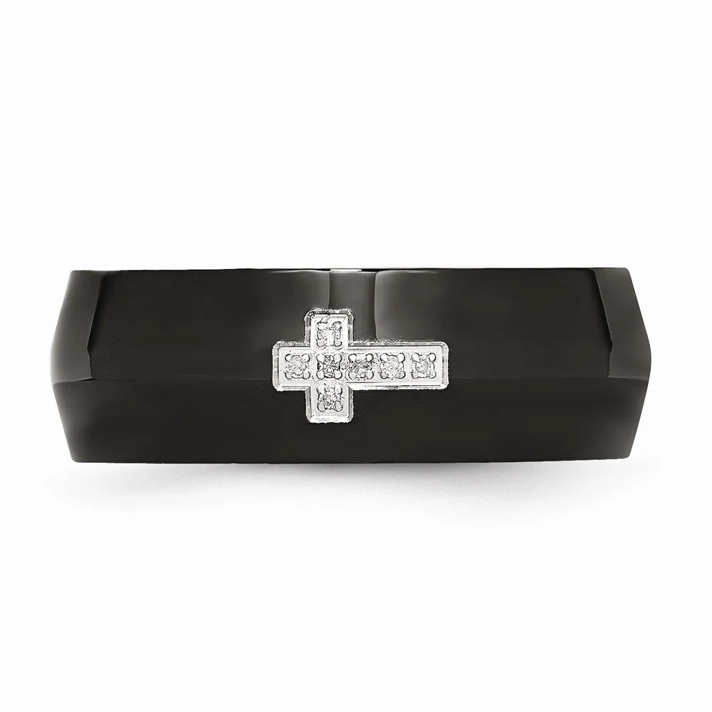 Black IP-Plated Diamond Cross Ring Size 7 L70381