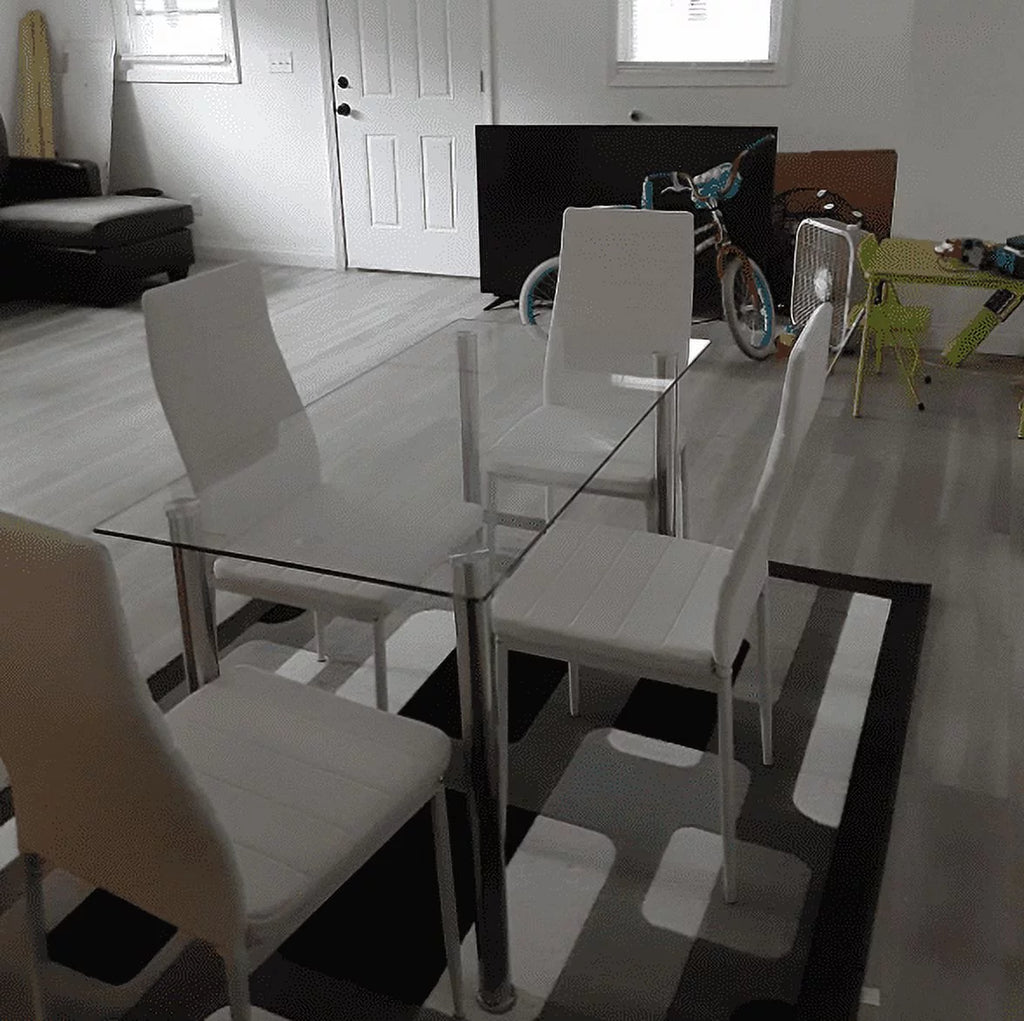 5 Piece Glass Top Dining Table Set with 4 White PU Leather Chairs J5392