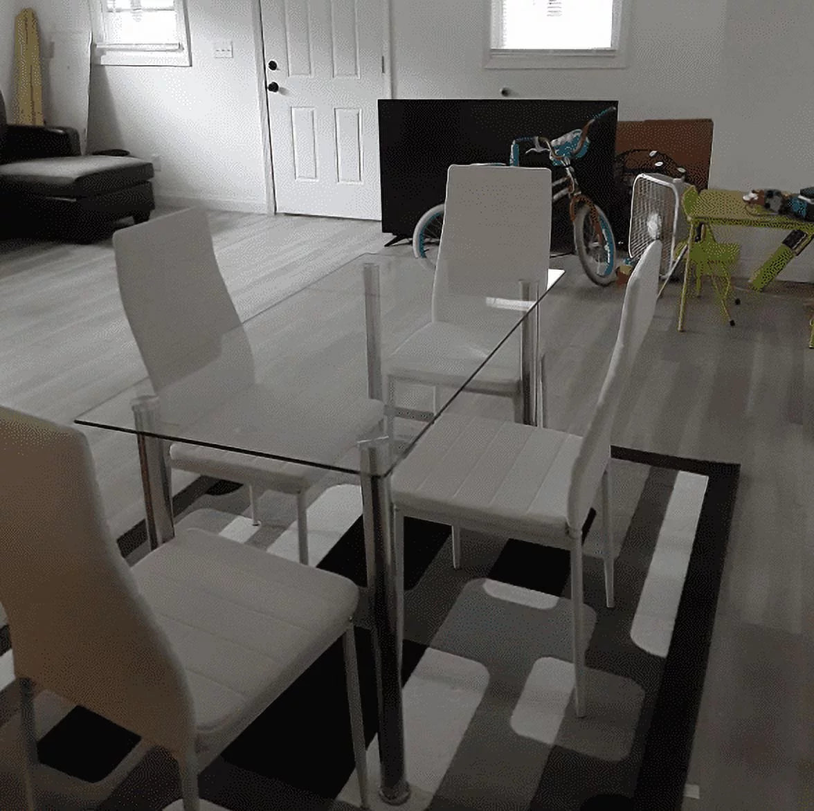 5 Piece Glass Top Dining Table Set with 4 White PU Leather Chairs J5392