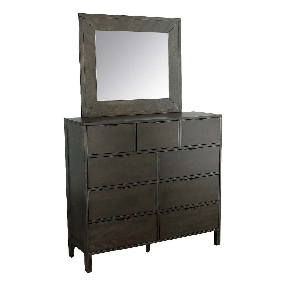 Dark Walnut Brown Wood Drawer Dresser & Mirror F3019
