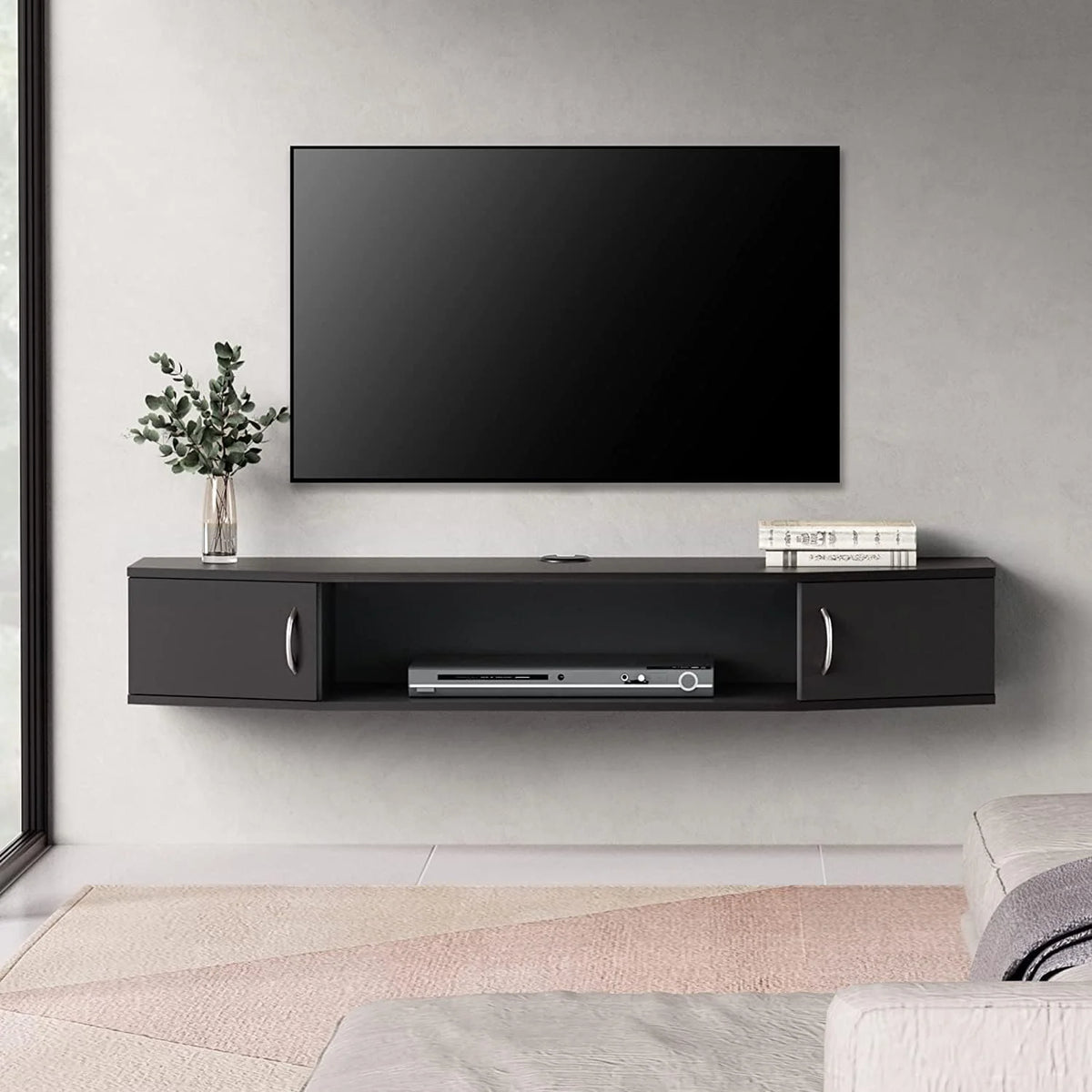 Black Walnut Floating TV Stand with Doors W2058