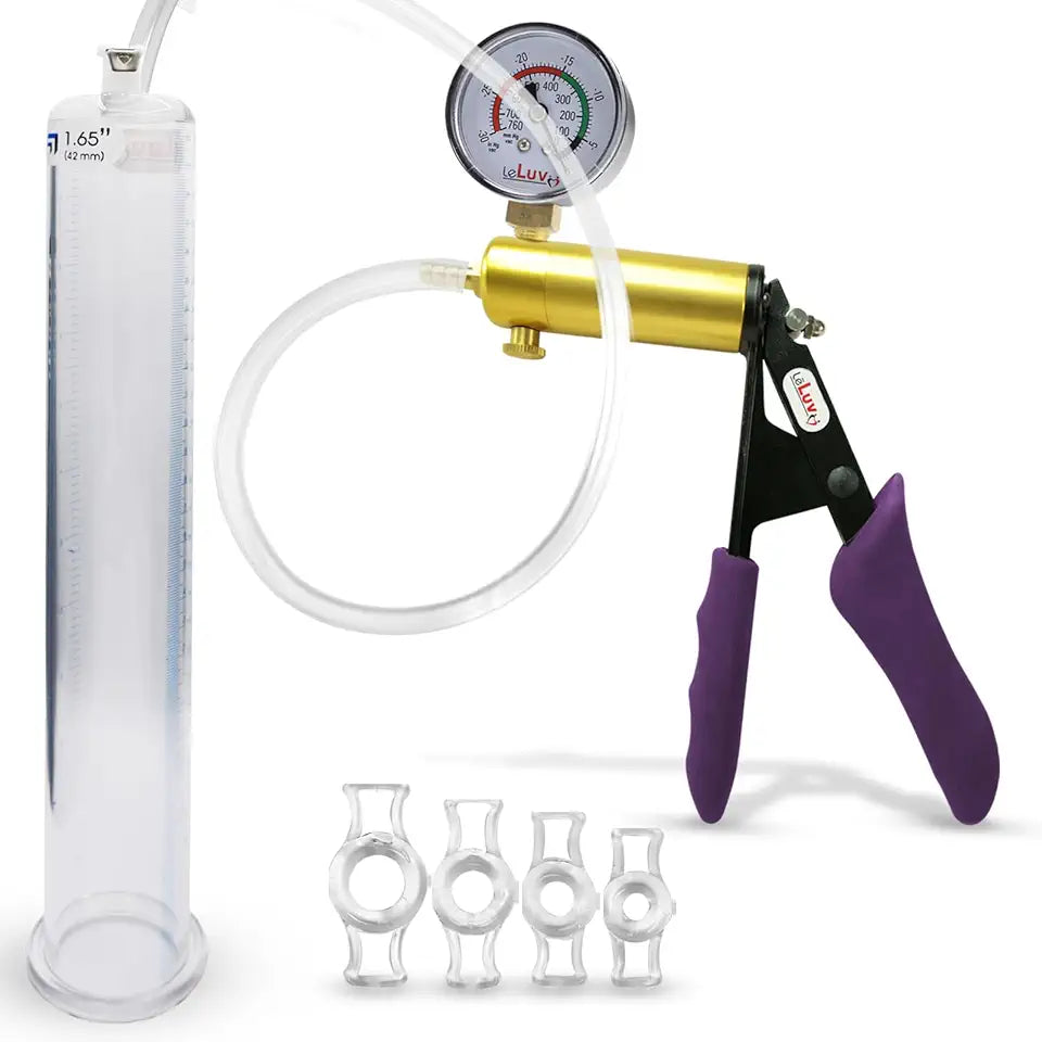 Penis Pump with Silicone Grips, Hose, Gauge, 4 Constriction Rings, 12" Length x 1.65" Diameter Cylinder S211015