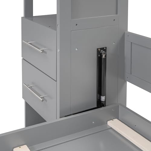 Gray Queen Size Wood Wall Bed with Shelves and Drawers T18941