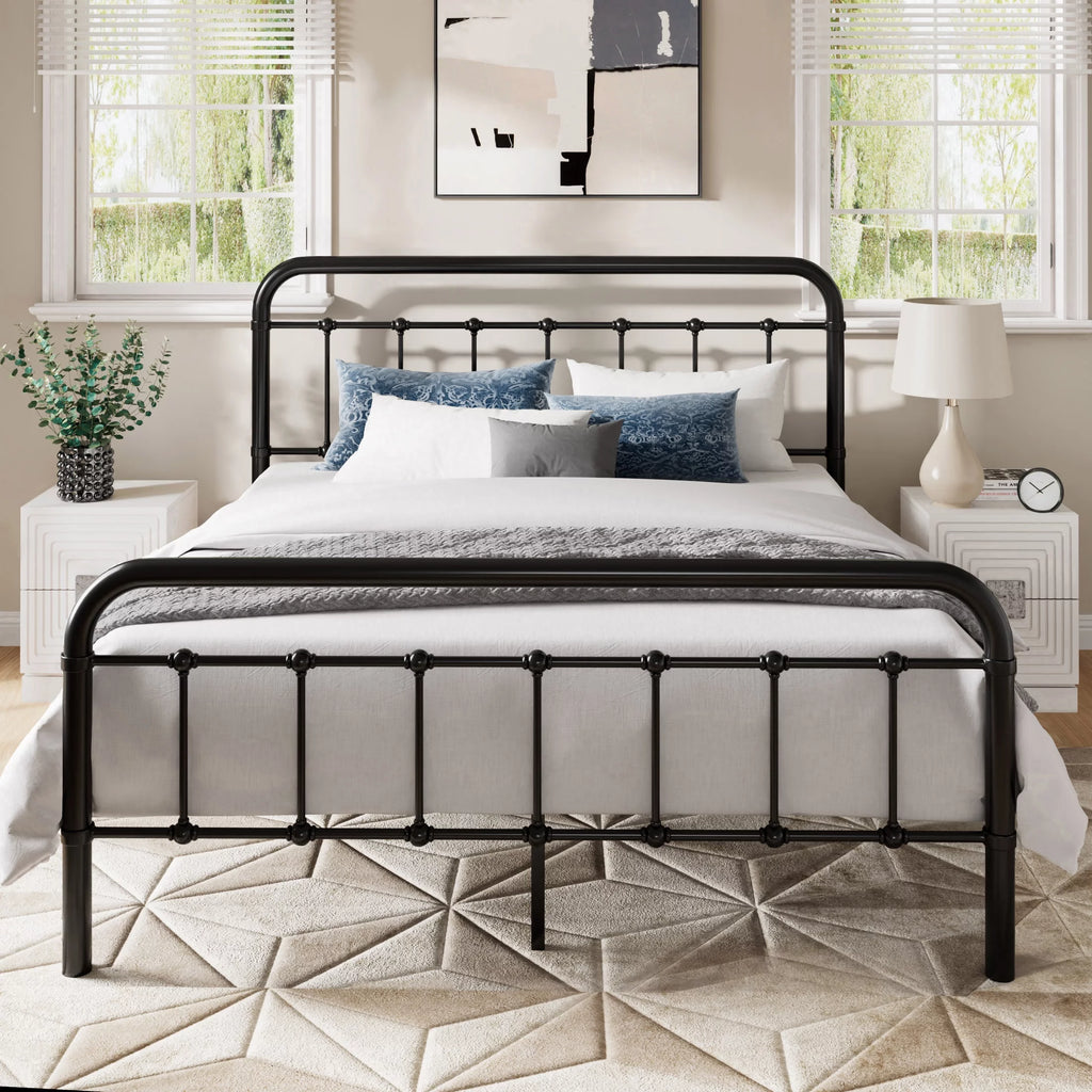 Queen Size Black Metal Platform Bed Frame with Headboard Footboard K18451