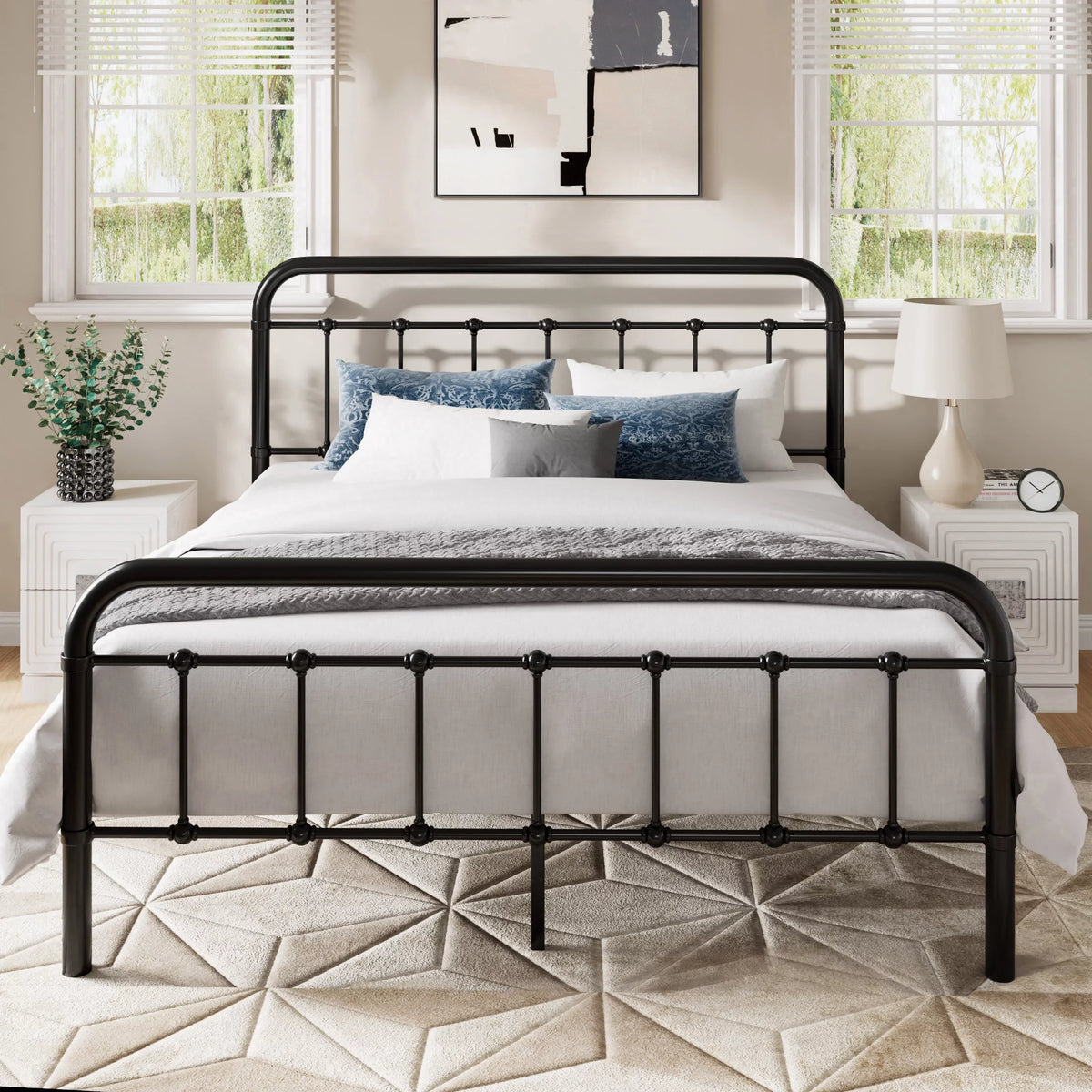 Queen Size Black Metal Platform Bed Frame with Headboard Footboard K18451