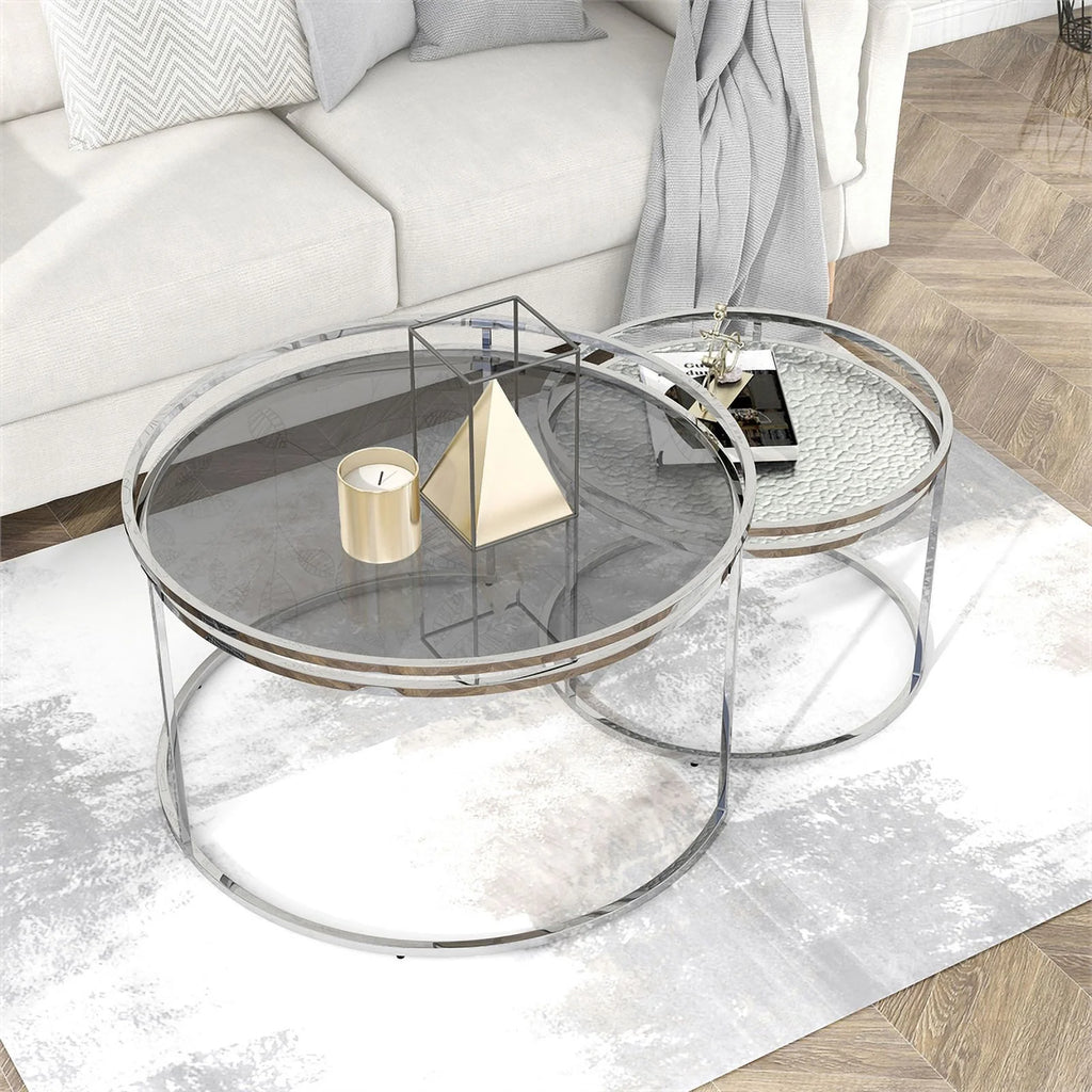 Gray Metal Glass Top 2-Piece Nesting Tables Set H5150