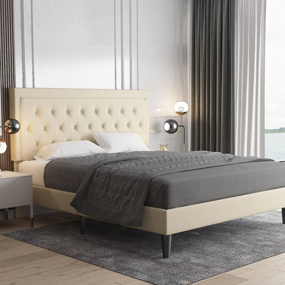 Queen Size Beige Upholstered Platform Bed Frame N4979