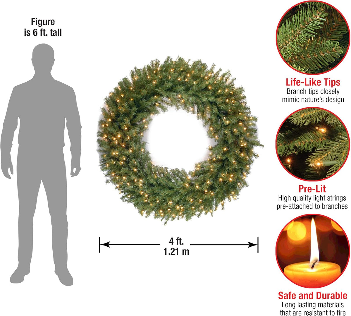 Pre-Lit Artificial Christmas Wreath, Green, 48 Inches D70908