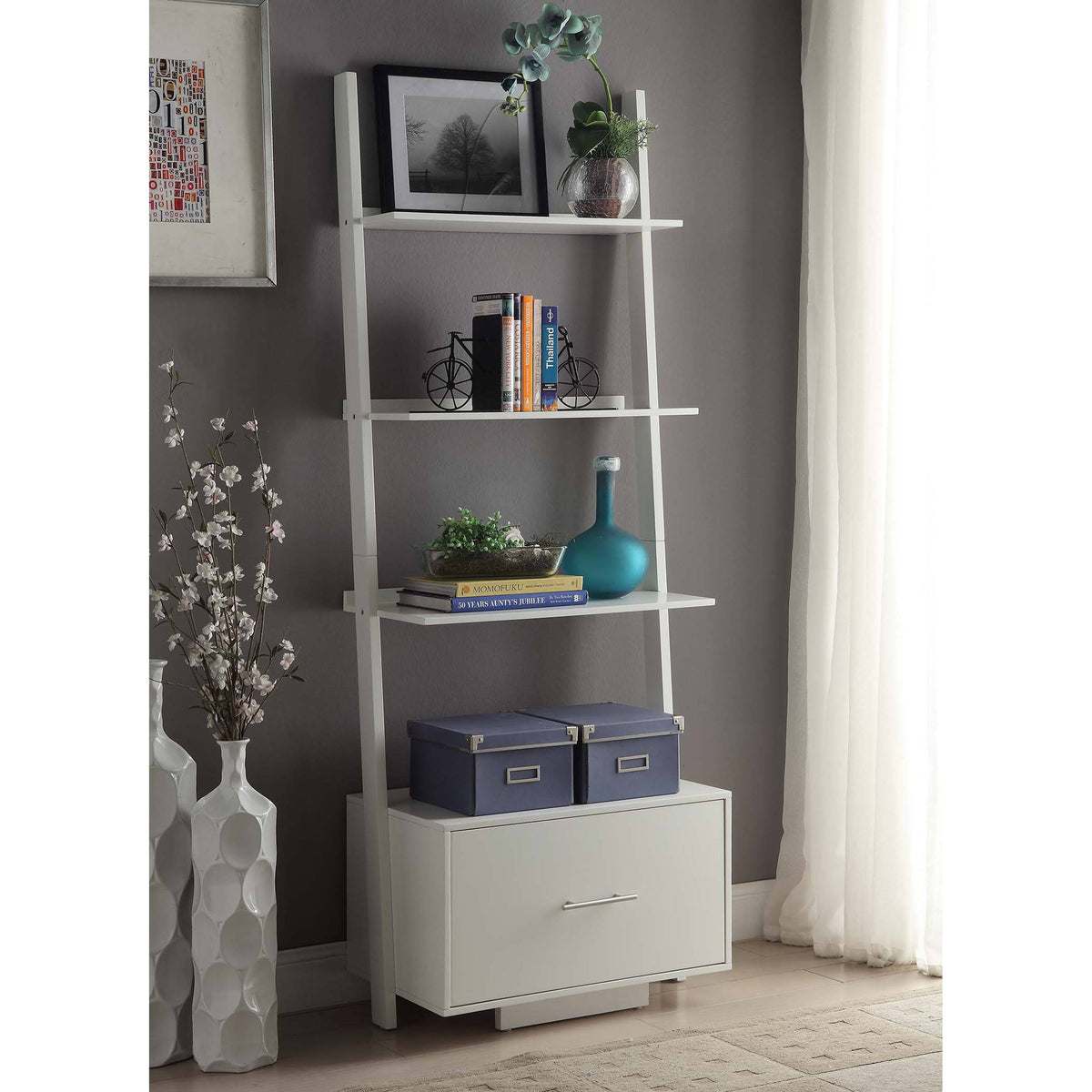 Espresso Ladder Bookcase with File Drawer Q525