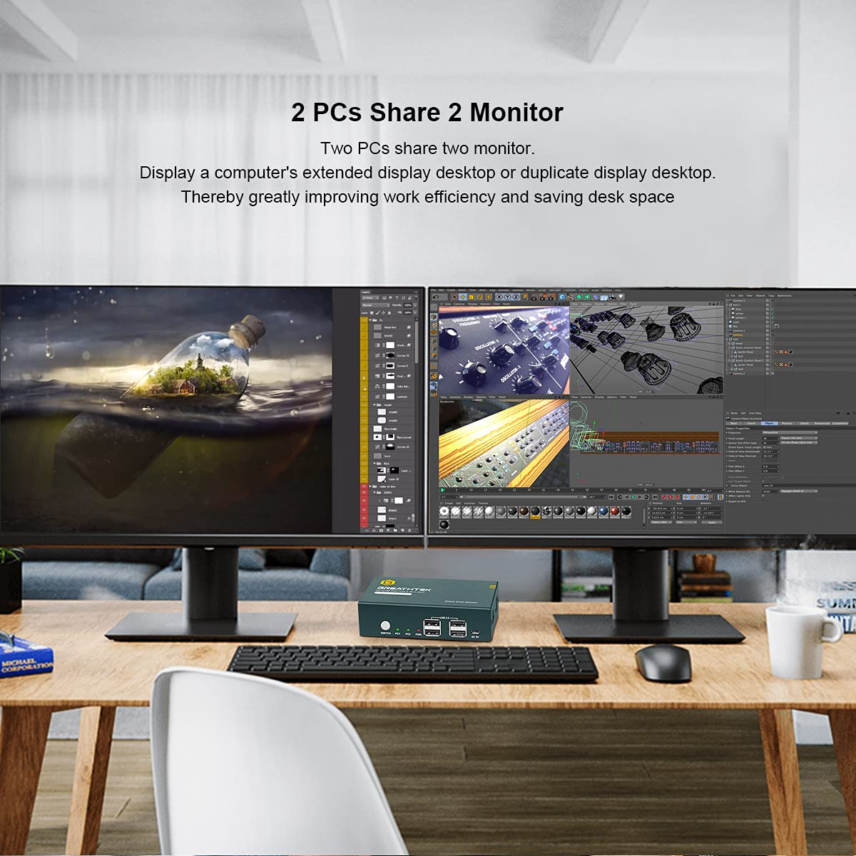 KVM Switch DP Displayport Dual Monitor 2 Port 4 USB 2.0 Hub 4K@60Hz G45173