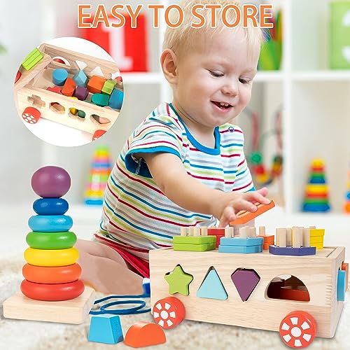 Wooden Blocks Shape Sorter Stacking Rings Baby Color Sorting Toys X4399