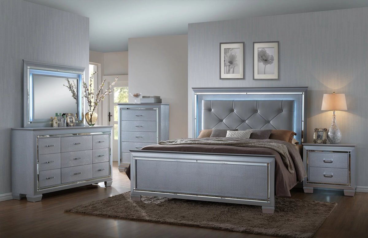King Size 6pc Upholstered Bed Dresser Mirror Nightstand Chest R20206