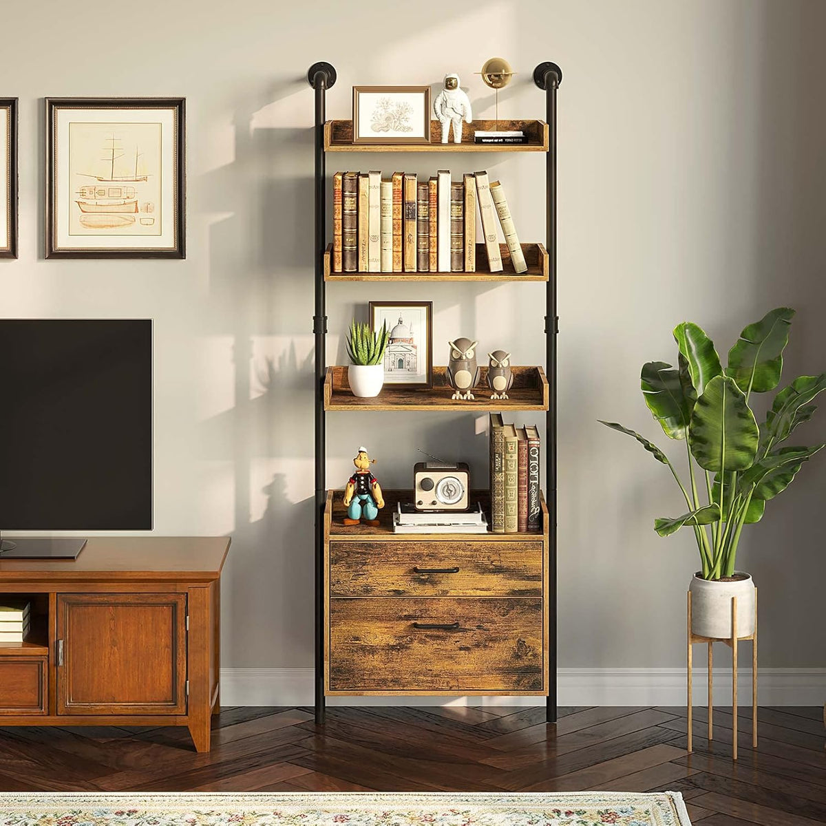 Industrial Bookshelf with 2 Wood Drawers, 4-Tier, Rustic Brown P198