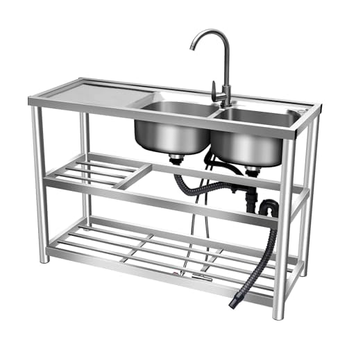 2 Compartment Stainless Steel Commercial Kitchen Utility Sink with Prep Counter V4486