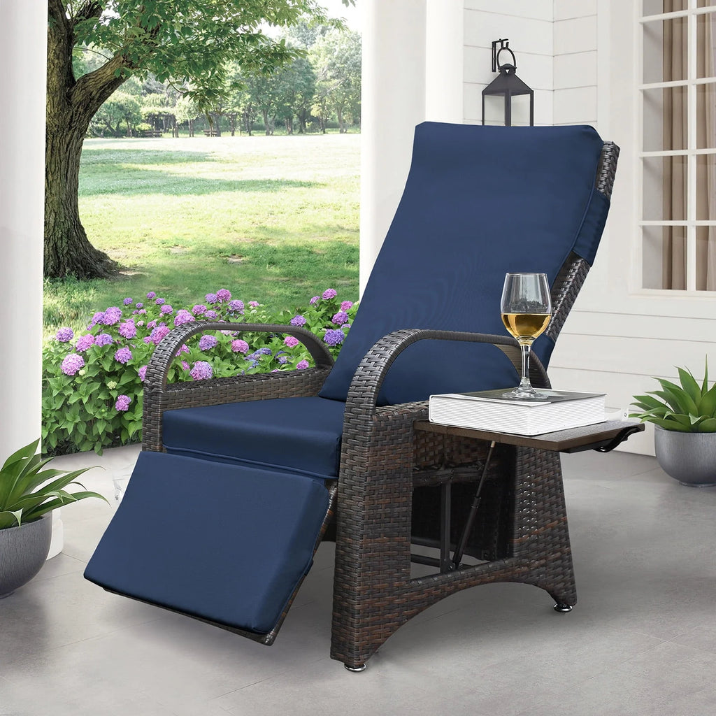 Navy Blue Wicker Reclining Lounge Chair with Cushion F2221