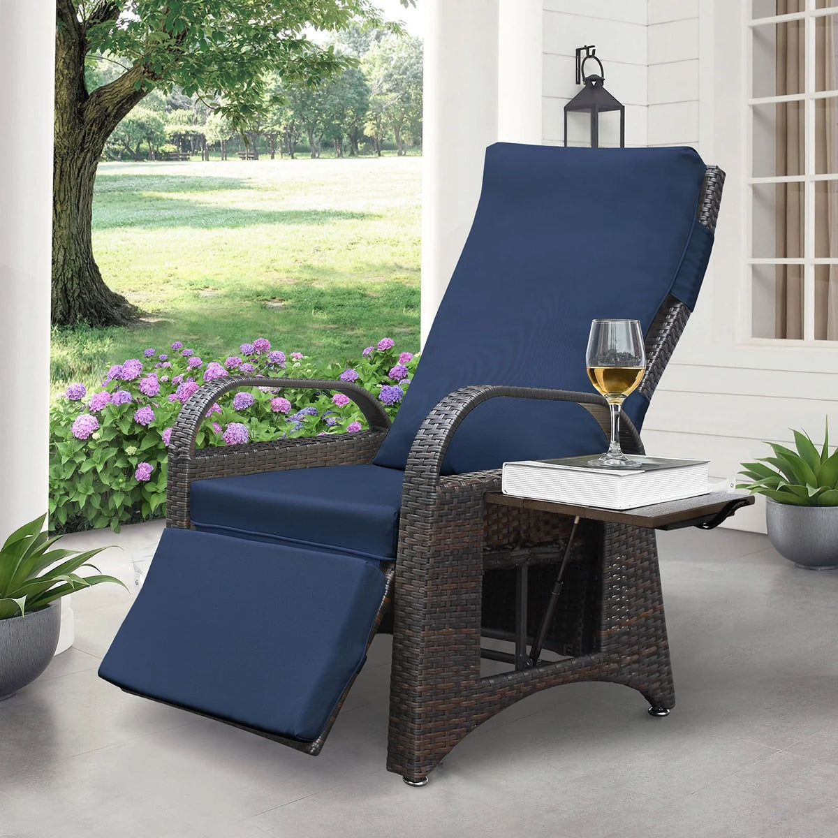 Navy Blue Wicker Reclining Lounge Chair with Cushion F2221