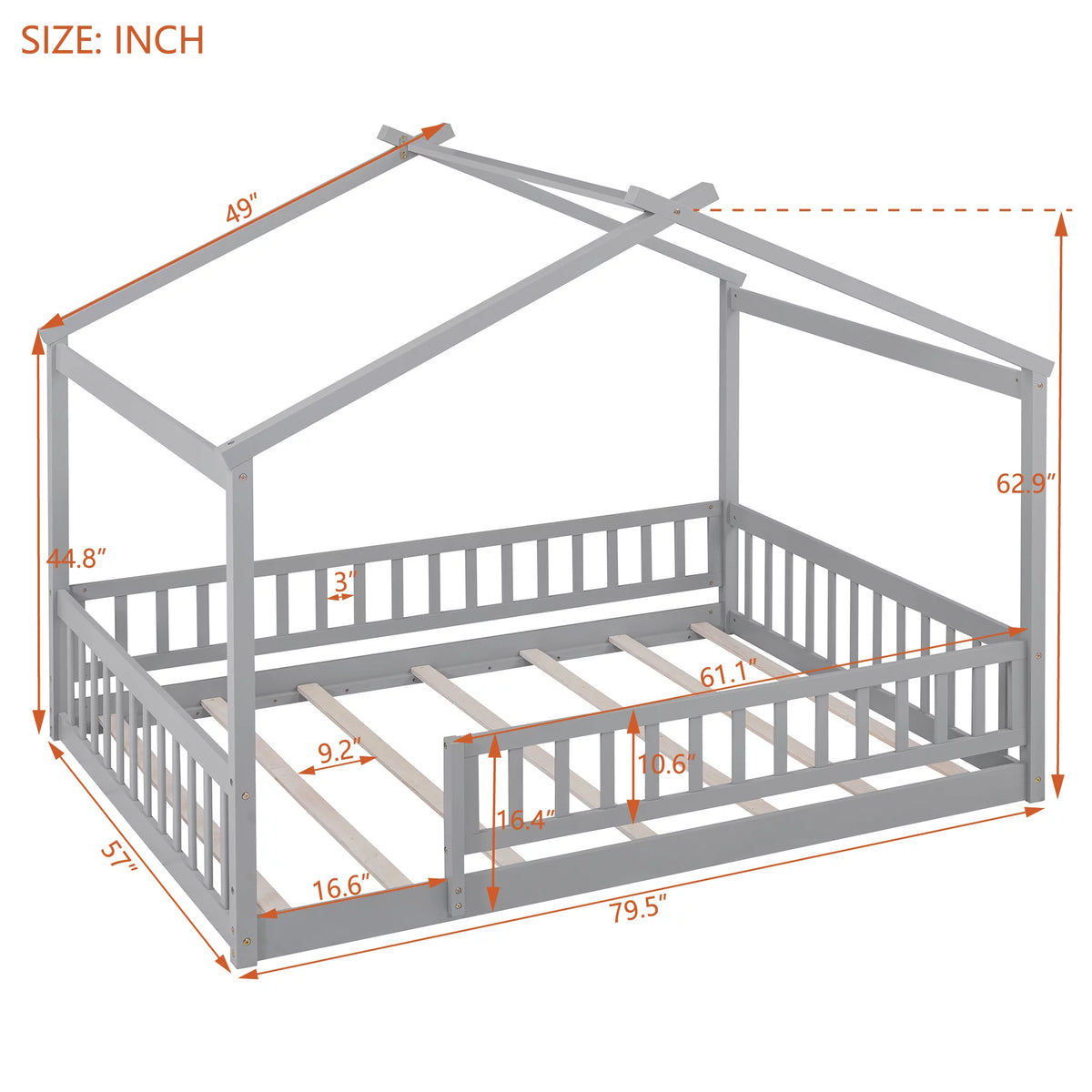 Full Size Wood Floor Bed Frame with Fence Guardrails and House Roof W677438