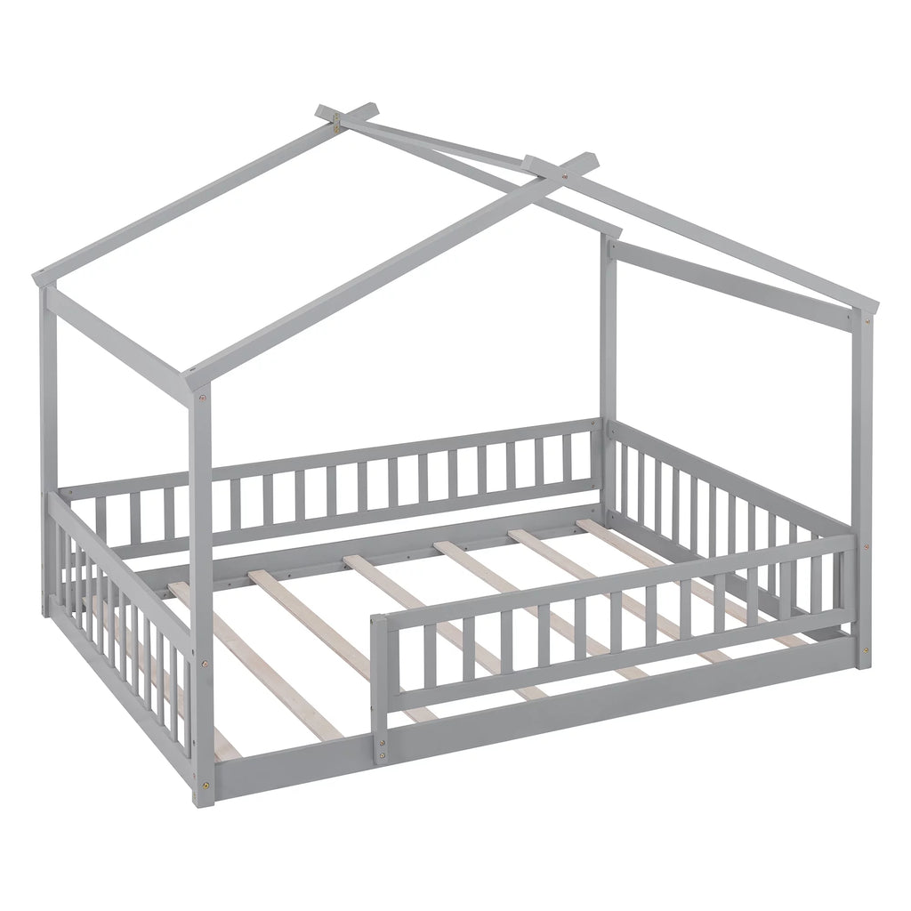 Full Size Wood Floor Bed Frame with Fence Guardrails and House Roof W677438