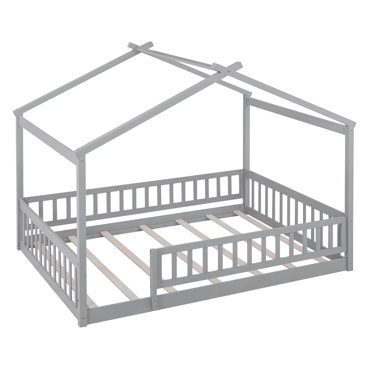 Full Size Wood Floor Bed Frame with Fence Guardrails and House Roof W677438