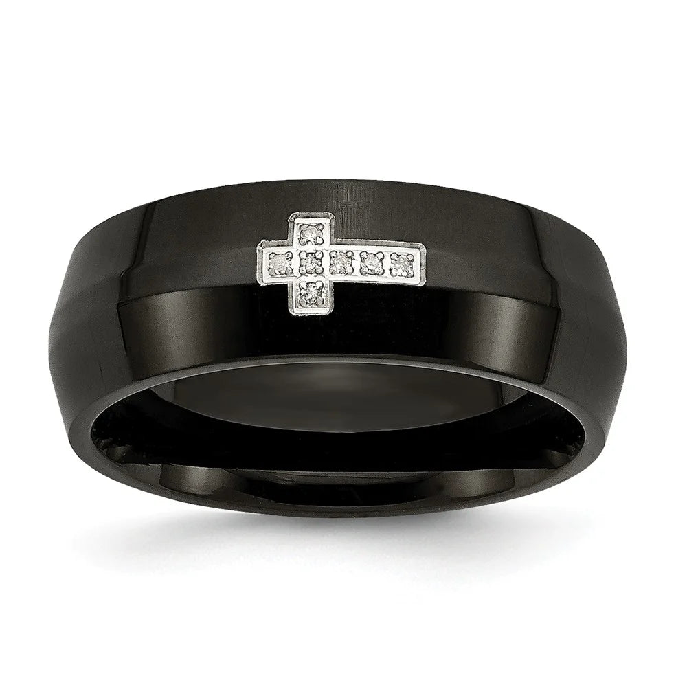 Black IP-Plated Diamond Cross Ring Size 7 L70381