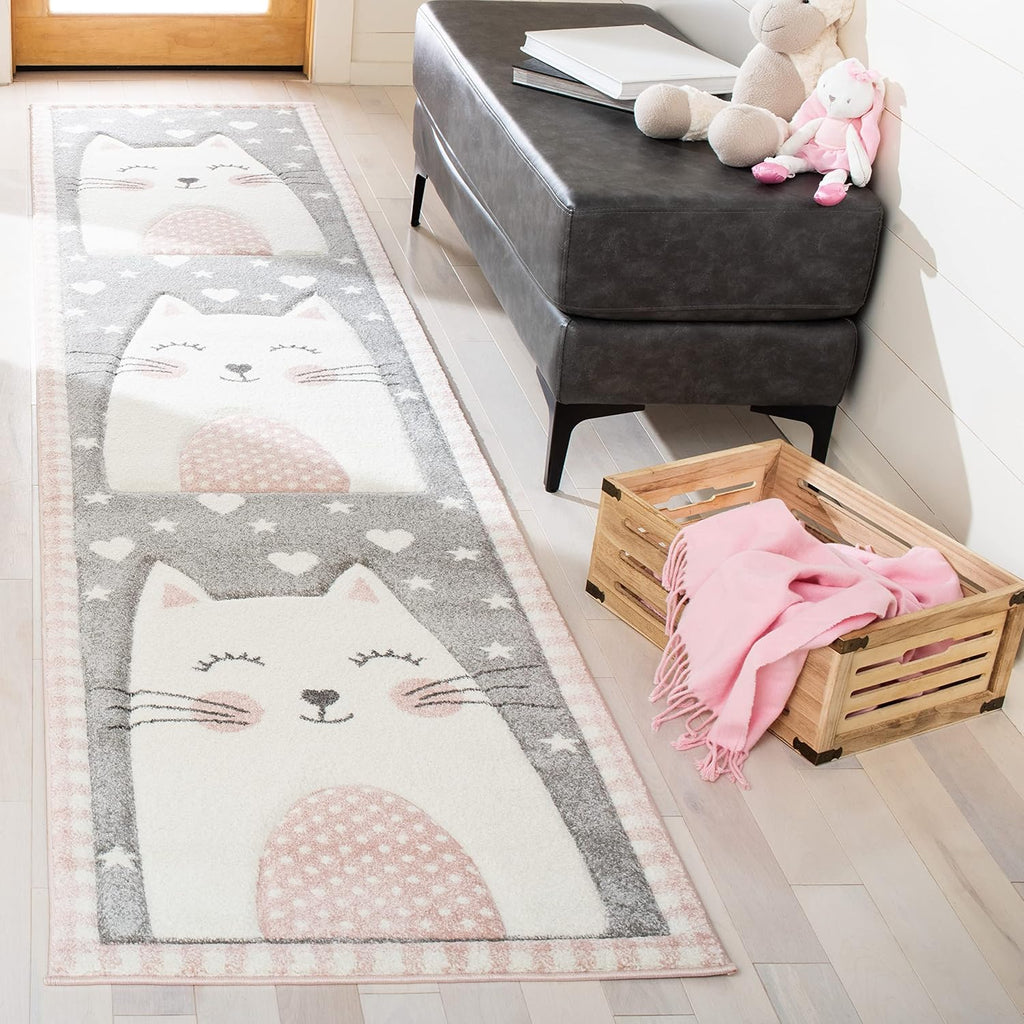 2'3" x 12' Pink & Grey Cat Design Runner Rug P367115