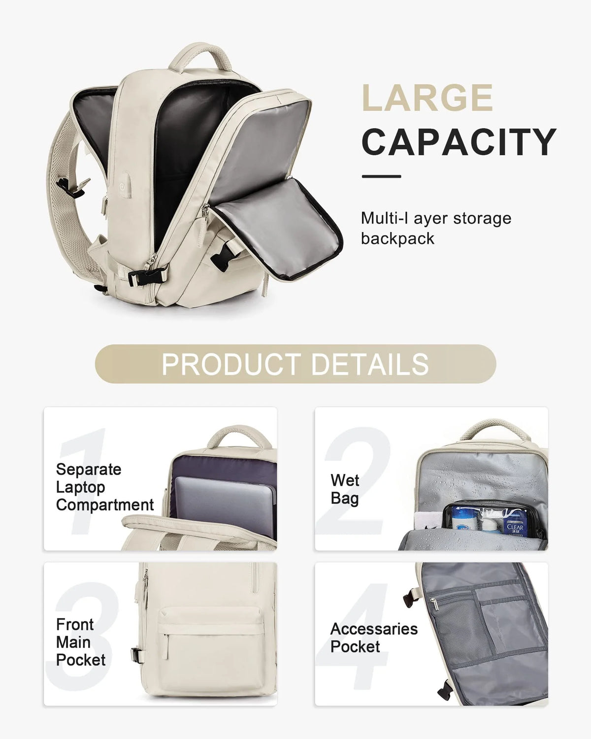 Beige Waterproof 14 Inch Laptop Travel Backpack with Shoe Compartment X370