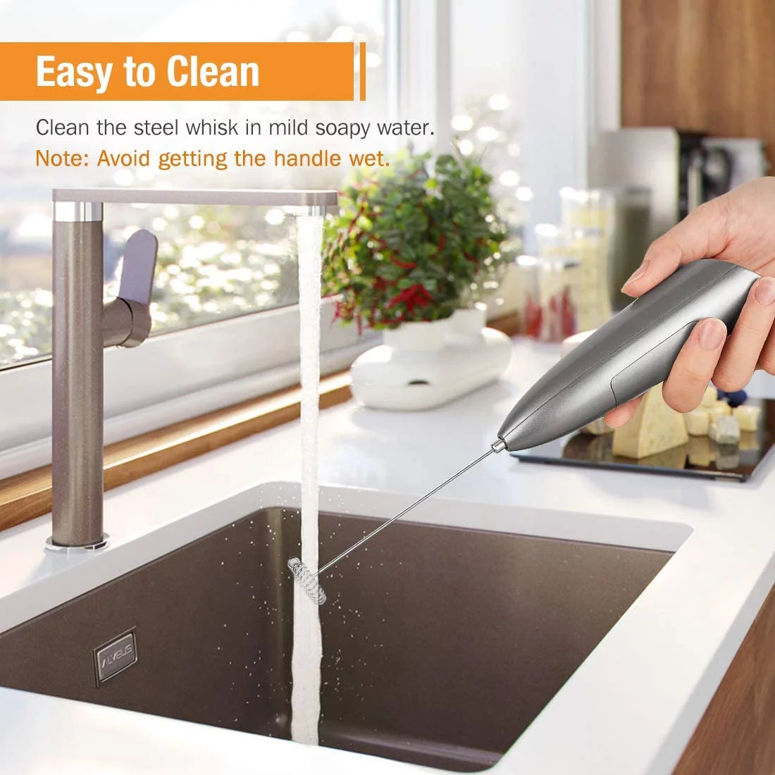 Handheld Battery Operated Milk Frother with Stainless Steel Whisk and Stand T197