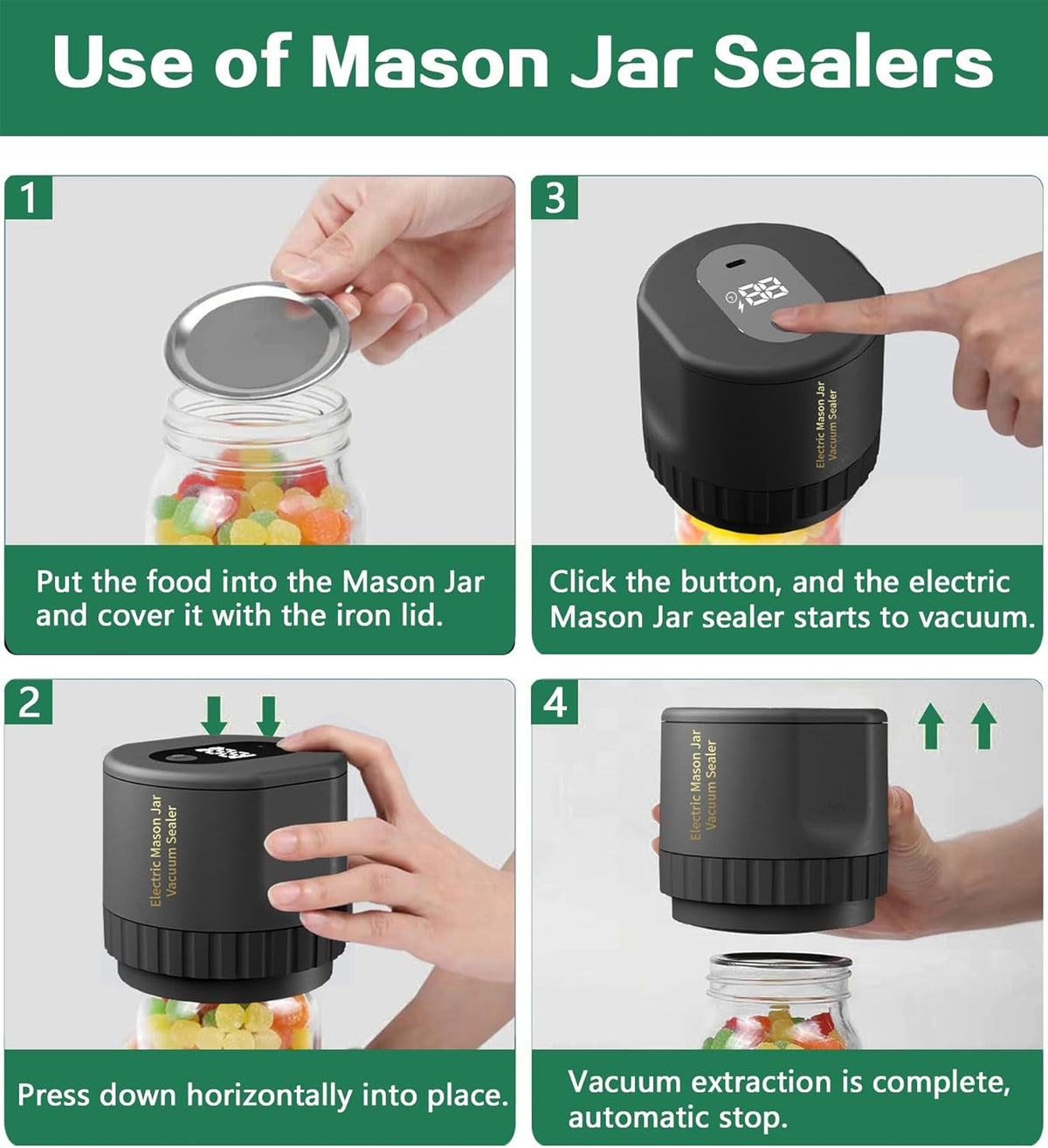 Electric Mason Jar Vacuum Sealer for Canning Jars with Regular Mason Lids（Black） D131900