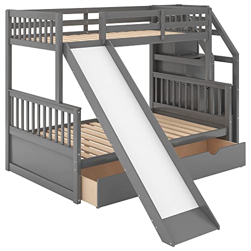 Twin over Full Wooden Bunk Bed with Storage Staircase, Drawers and Slide, Gray I233