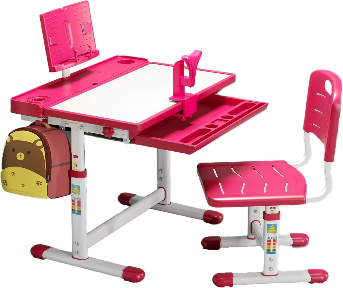 Pink Height Adjustable Kids Desk and Chair Set with Bookstand and Drawer Storage W7354