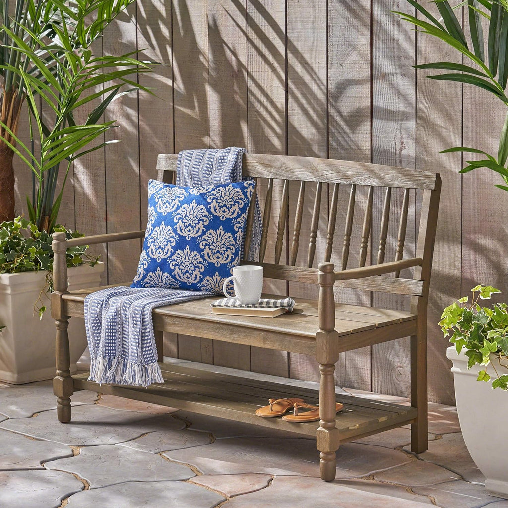 Acacia Wood Outdoor Bench with Shelf O195386