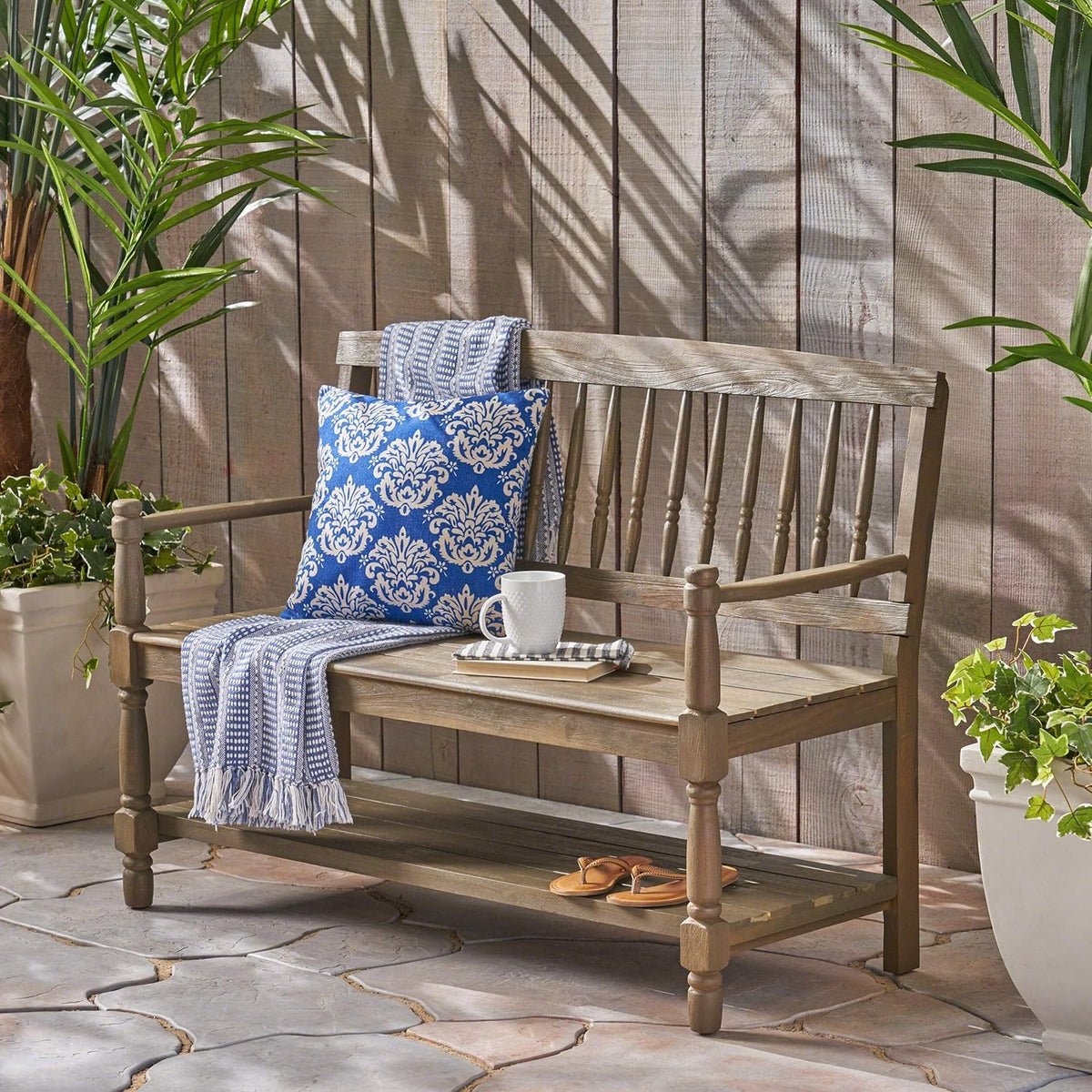 Acacia Wood Outdoor Bench with Shelf O195386