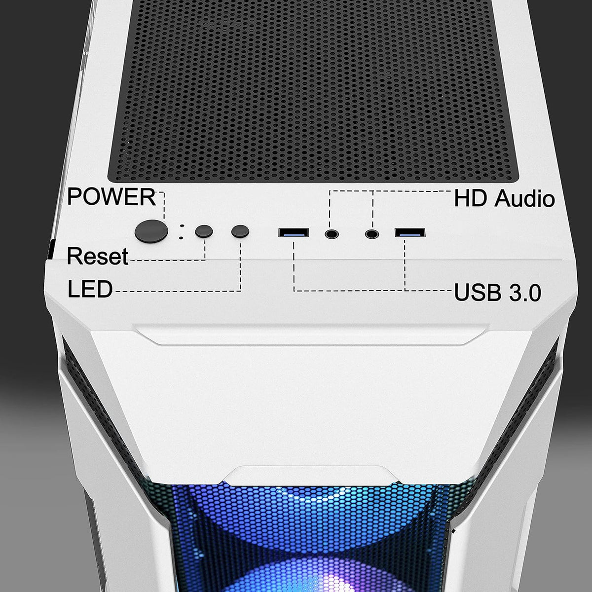 White Mesh Mid Tower PC Case with 5 ARGB Fans and Tempered Glass Panel A818