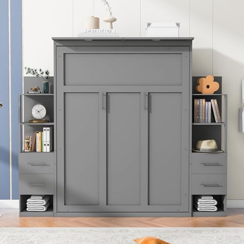 Gray Queen Size Wood Wall Bed with Shelves and Drawers T18941