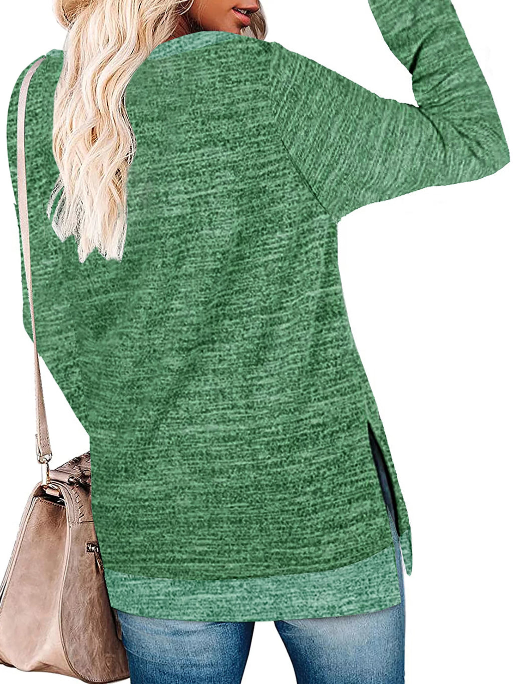 Green Long Sleeve Color Block Tunic Tops O609561