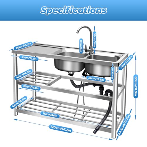 2 Compartment Stainless Steel Commercial Kitchen Utility Sink with Prep Counter V4486