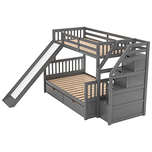 Twin over Full Wooden Bunk Bed with Storage Staircase, Drawers and Slide, Gray I233