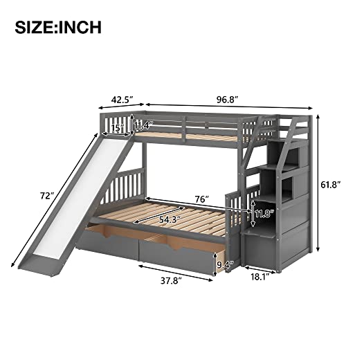 Twin over Full Wooden Bunk Bed with Storage Staircase, Drawers and Slide, Gray I233