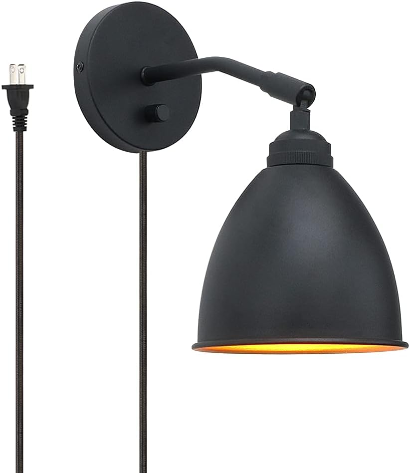 Vintage Plug in Wall Sconce, 1-Light Dimmable Industrial Metal Fixture Lamp with 6.1 Oval Black Metal Shade and 4.7 Black Canopy Z55581