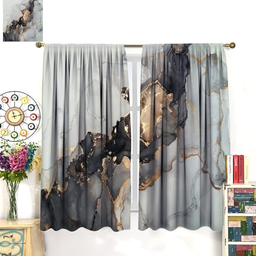 Navy Blue Gold Geometric Marble Curtains, 42x45 Inches Set 2 Panels H96711