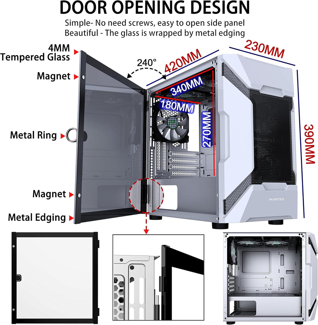 White Mesh Mid Tower PC Case with 5 ARGB Fans and Tempered Glass Panel A818